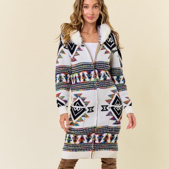 ON BLUE Rainbow Aztec Print Zip-Up Cardigan: Faux Fur Lined Hooded Cardigan Coat - Picture 5 of 15